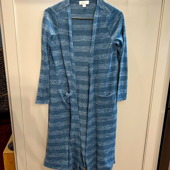LuLaRoe Sweaters - Lularoe Sarah SM long Sweater Cardigan Pockets Blue Stripe Knit Duster